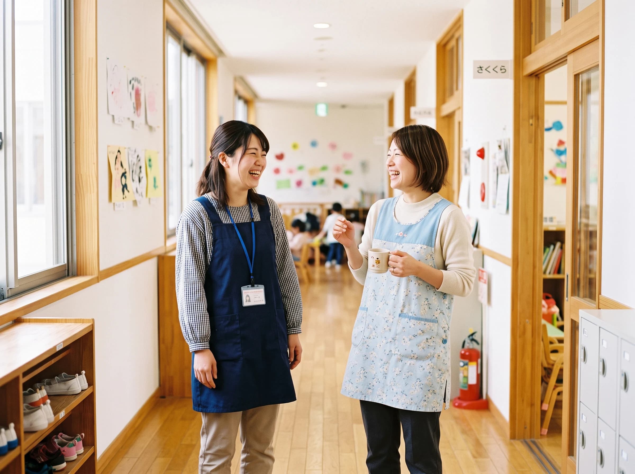 保育室の廊下で笑顔で話す保育スタッフ