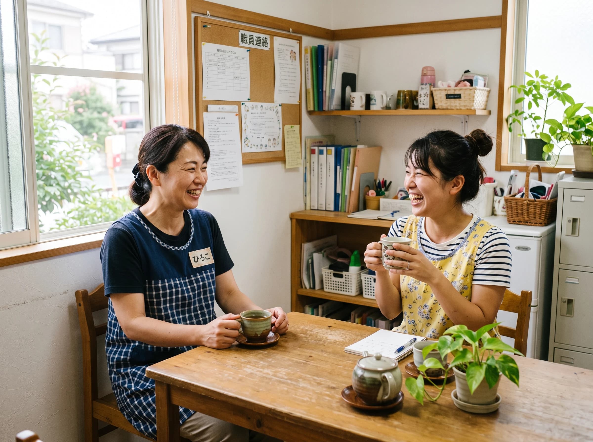 休憩室でお茶を飲みながら話す保育スタッフ